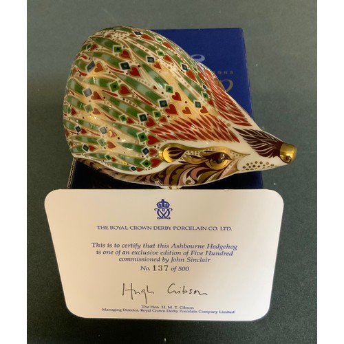 63 - A Royal Crown Derby paperweight, Ashbourne Hedgehog, John Sinclair, gold stopper, certificate, boxed... 