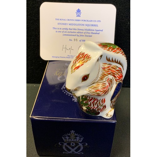 64 - A Royal Crown Derby paperweight, Stoney Middleton Squirrel, gold stopper, certificate, boxed.