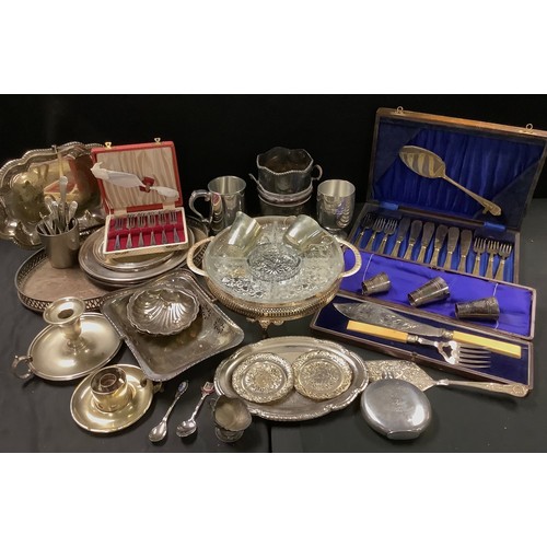 494 - Plated Ware - fish knives and forks, cased;  fish servers, cased;  cake basket;  chambersticks;  sod... 