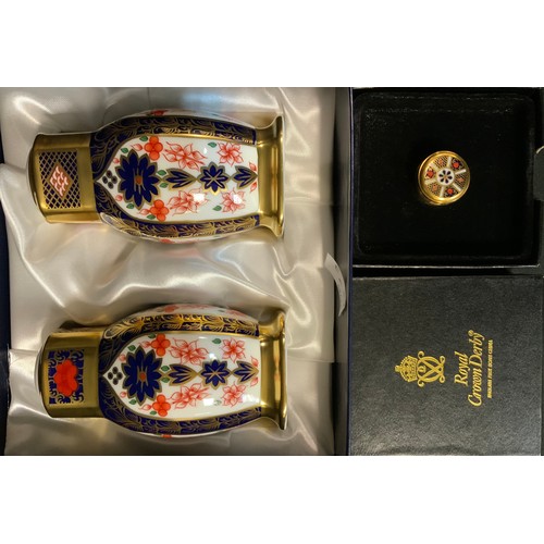 191 - A Royal Crown Derby 'Old Imari' pattern 2-piece cruet set, boxed, pattern number 1128; and a Royal C... 