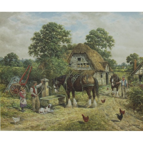 542 - J L Chapman, by and after, a pair, Shire Horses Resting, coloured prints, signed by pencil, 27cm x 3... 