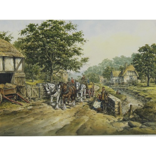 542 - J L Chapman, by and after, a pair, Shire Horses Resting, coloured prints, signed by pencil, 27cm x 3... 