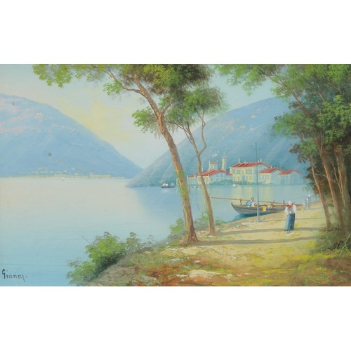 554 - Gianni 
A Pair, Continental Fishing Boats on the River and Harbour Pathway
signed, watercolour, 30cm... 