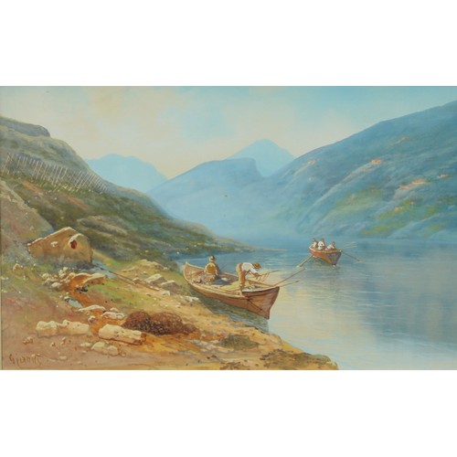 554 - Gianni 
A Pair, Continental Fishing Boats on the River and Harbour Pathway
signed, watercolour, 30cm... 