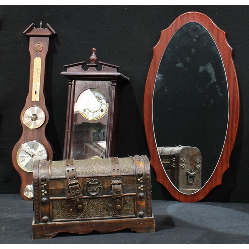 585 - A Highlands Vienna style wall clock, a Mokiv barometer, casket and wall mirror.