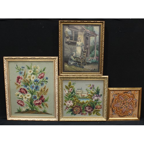 596 - A woolwork tapestry picture, summer flowers, 67cm x 52cm, gilt frame; another, French Chateau, 45cm ... 