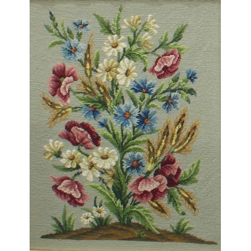 596 - A woolwork tapestry picture, summer flowers, 67cm x 52cm, gilt frame; another, French Chateau, 45cm ... 