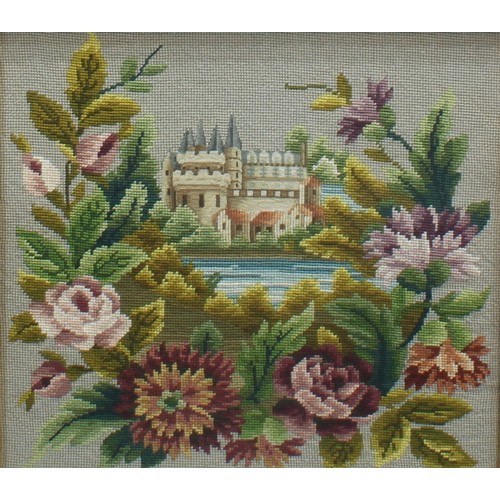 596 - A woolwork tapestry picture, summer flowers, 67cm x 52cm, gilt frame; another, French Chateau, 45cm ... 