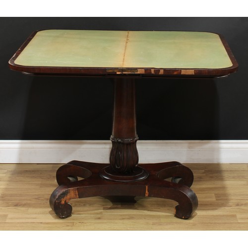 102 - A William IV rosewood card table, hinged top enclosing a baize lined playing surface, lotus grasped ... 