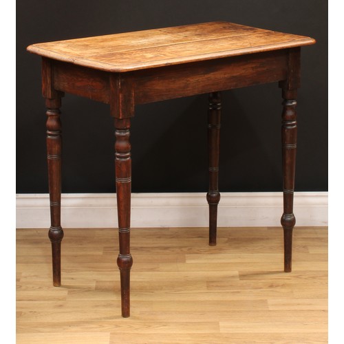 106 - A late Victorian oak side table, rounded rectangular top with moulded edge, tapered cylindrical legs... 