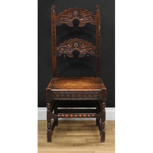 107 - A Charles II style Derbyshire side chair, 106.5cm high, 47cm wide, the seat 35cm deep; a George V Co... 