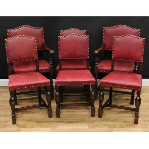 109 - A set of four Cromwellian Revival style oak dining chairs, 93cm high, 47cm wide, the seat 36cm deep;... 