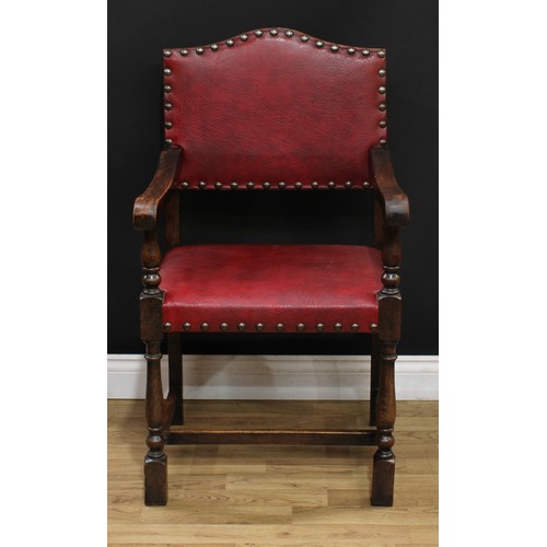 109 - A set of four Cromwellian Revival style oak dining chairs, 93cm high, 47cm wide, the seat 36cm deep;... 