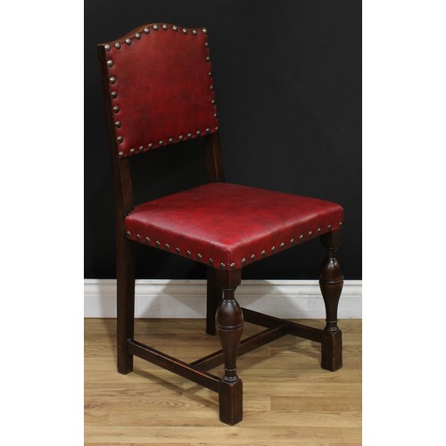 109 - A set of four Cromwellian Revival style oak dining chairs, 93cm high, 47cm wide, the seat 36cm deep;... 