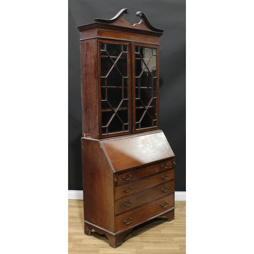 113 - A Sheraton Revival satinwood crossbanded mahogany and marquetry bureau bookcase, swan neck pediment ... 