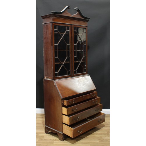 113 - A Sheraton Revival satinwood crossbanded mahogany and marquetry bureau bookcase, swan neck pediment ... 