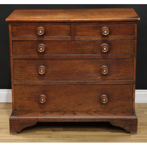 117 - A 19th century oak chest, slightly oversailing rectangular top above two short and three long gradua... 