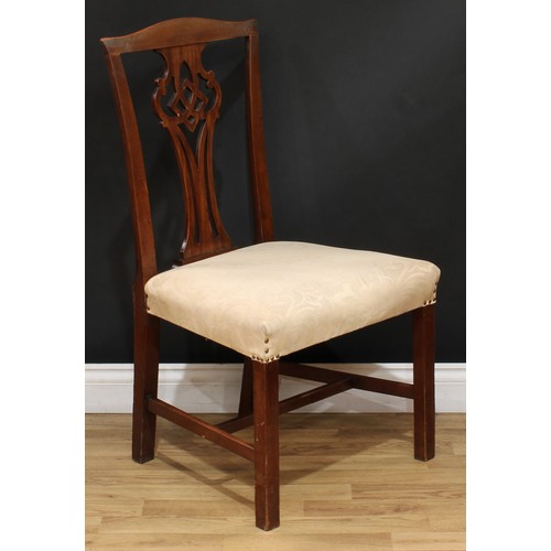 201 - A set of four Chippendale Revival mahogany dining chairs, each with a shaped and pierced splat, drop... 