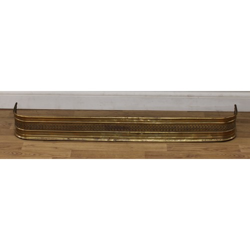 204 - A George III pierced brass fire curb or fender, 15cm high, 125cm wide, 30cm deep; another, 12cm high... 