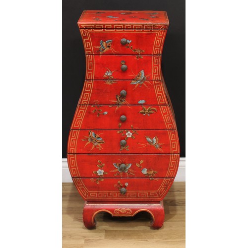 208 - A contemporary Chinese inspired red lacquer and Chinoiserie style vase shaped chest, of seven drawer... 