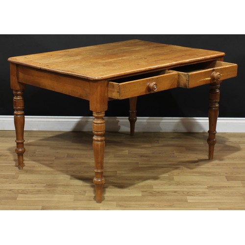 603 - A farmhouse pine kitchen dining table, two short drawers to frieze, turned legs, 76cm high, 121cm lo... 