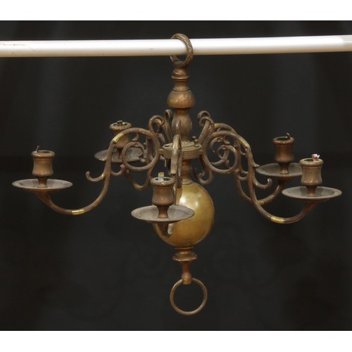 612 - A Dutch brass five light chandelier, drilled for electricity, 41cm high