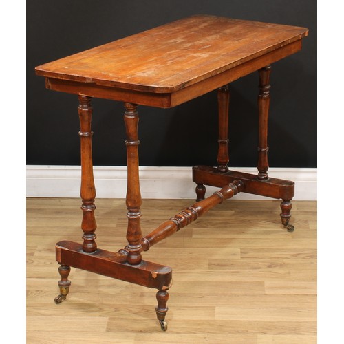 614 - A Victorian stretcher or centre table, 70cm high, 89cm wide, 44cm deep; an early 20th century two-ti... 