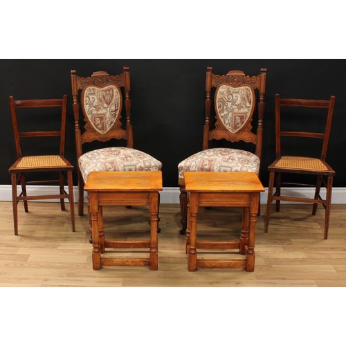 625 - A pair of 'late Victorian' oak side chairs, 99cm high, 48cm wide, the seat 39cm deep; a pair of earl... 