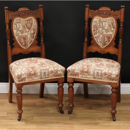 625 - A pair of 'late Victorian' oak side chairs, 99cm high, 48cm wide, the seat 39cm deep; a pair of earl... 