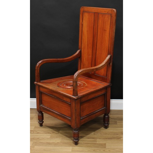 628 - A late Victorian mahogany open arm commode chamber chair, rectangular back, downswept arms, draught ... 