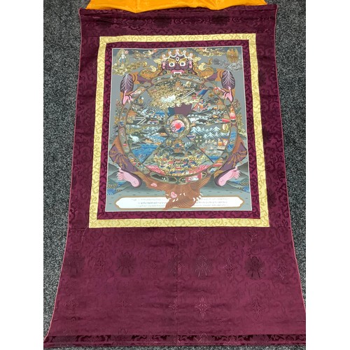 635 - A Tibetan wall hanging scroll, central panel with Thangka Wheel of Life, approximately 130cm x 85cm