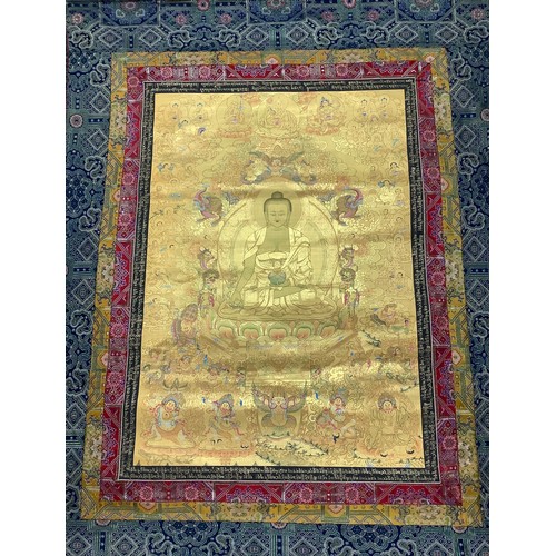 636 - A Tibetan wall hanging scroll, central panel with Medicine Buddha, approximately 158cm x 103cm