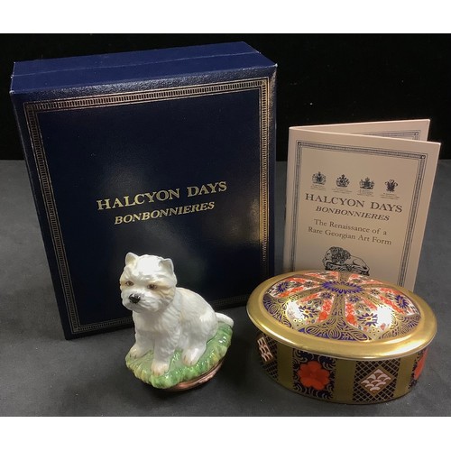 656 - A Halcyon Days Bonbonniere, West Highland Terrier, boxed, certificate;  a Royal Crown Derby 1128 pat... 