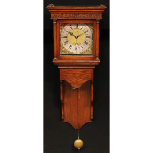 1446 - A George I/II lantern form clock, of longcase type, 27.5cm square brass dial inscribed William Monk,... 