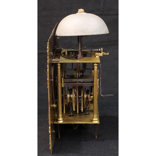 1446 - A George I/II lantern form clock, of longcase type, 27.5cm square brass dial inscribed William Monk,... 