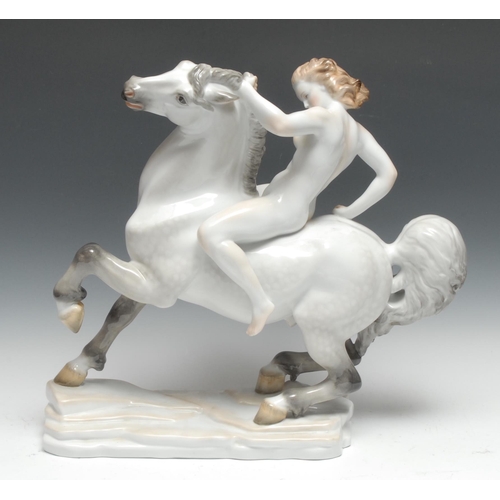 756 - A Herand Hungary model, of a female nude riding a horse bareback, 45cm high, printed marks