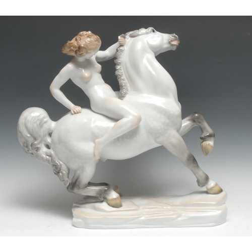 756 - A Herand Hungary model, of a female nude riding a horse bareback, 45cm high, printed marks