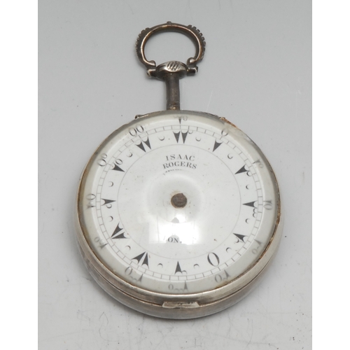 346 - A George III silver pocket watch, for the Turkish market, 4.5cm enamel dial inscribed Isaac Rogers, ... 