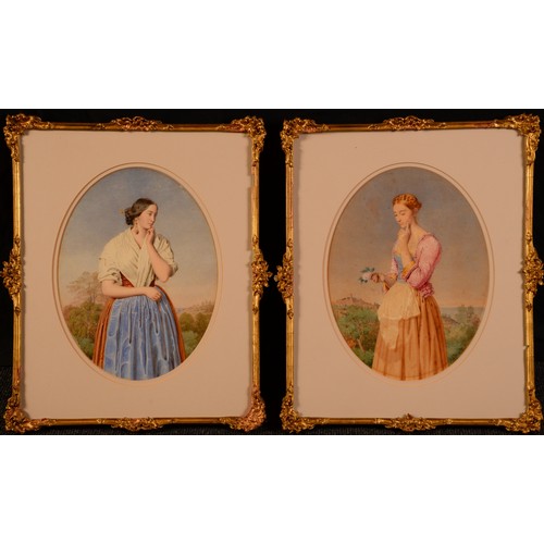 896 - Italian School (late 19th century)
A pair, portraits ovals of beautiful girls in traditional dress
w... 