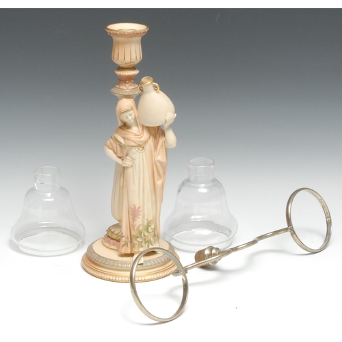 571 - A Royal Worcester figural table lamp, made for Clarke's Cricklite Lamps, she stands wearing flowing ... 