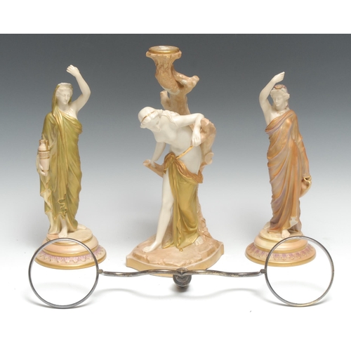 568 - A Royal Worcester figural table lamp, made for Clarke's Cricklite Lamps, she stands wearing flowing ... 