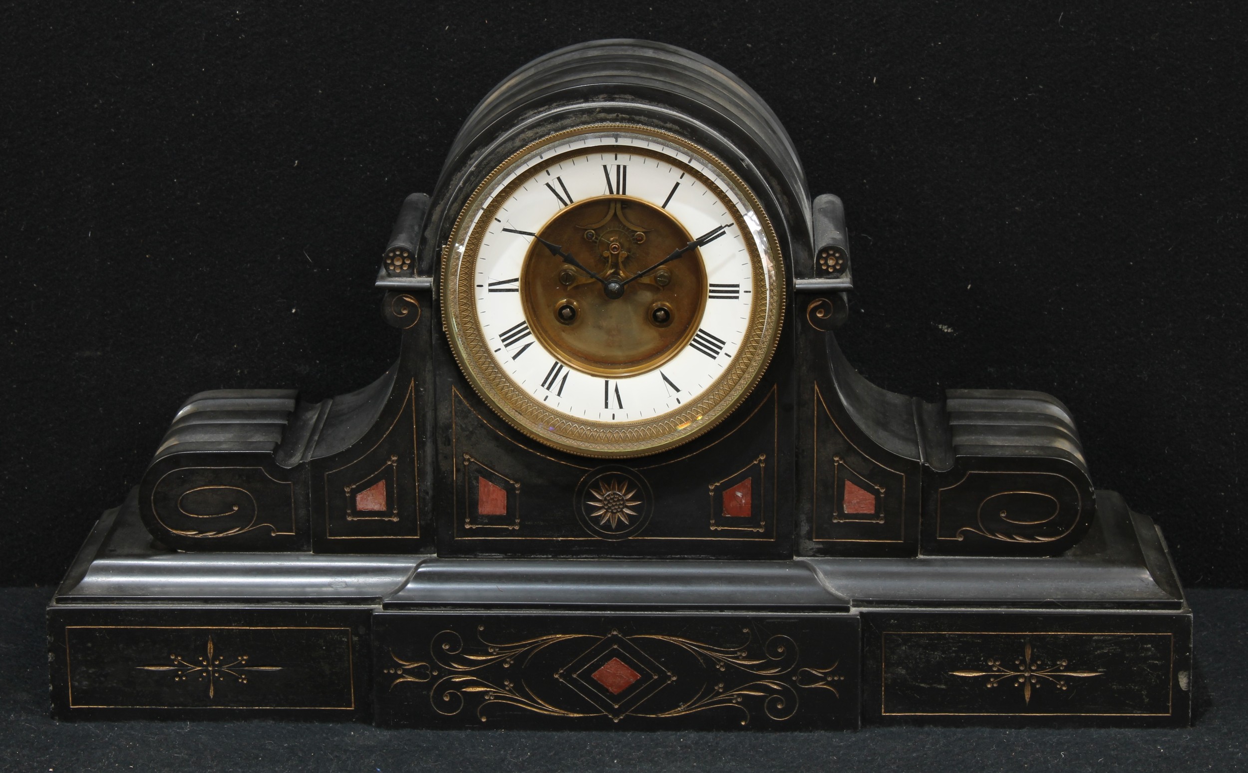 A 19th century French black marble drum head mantel clock, 13cm enamel dial...