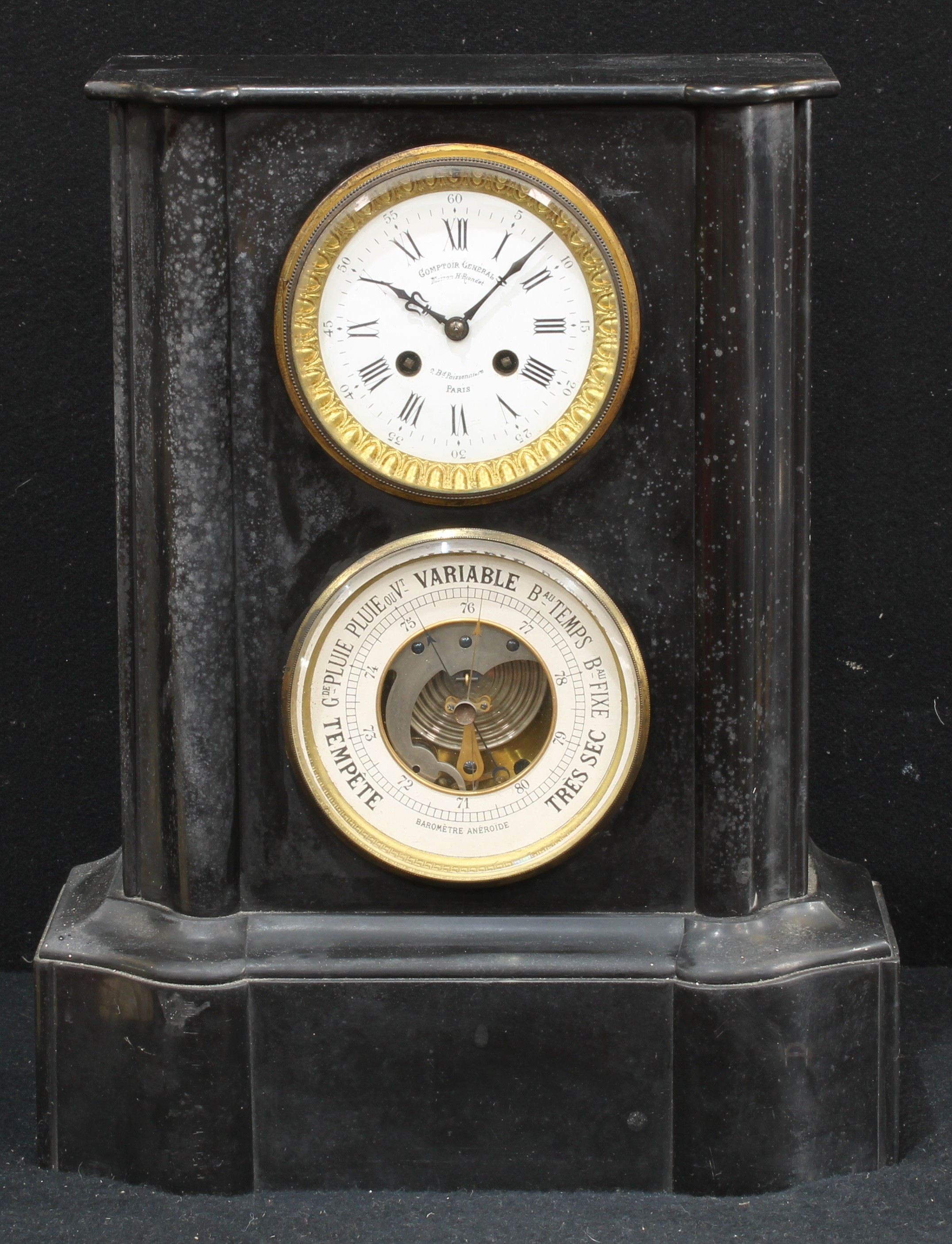 A 19th century French black marble combination mantel clock and barometer...