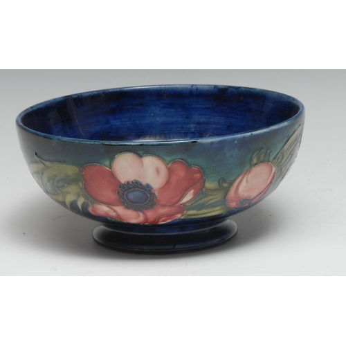 450 - A Moorcroft Pansy pattern circular pedestal bowl, 7cm high, 16cm diam, impressed marks, signature an... 