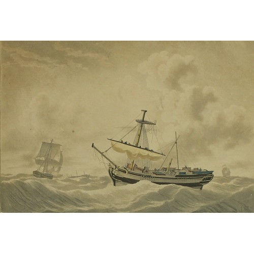 835 - English Marine School (19th century)
A set of three, Mercantile Ships at Sea and at Port
watercolour... 