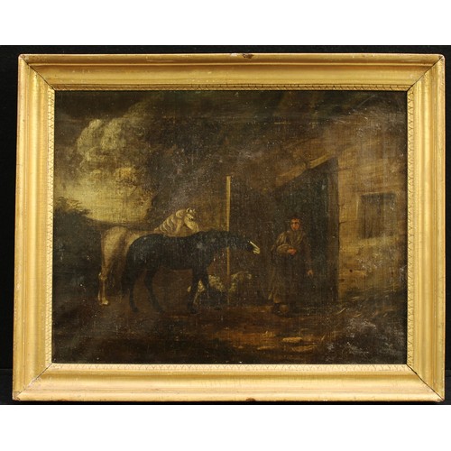 878 - English School (18th century/19th century)
The Farmer's Wife, followed by two horses and a dog
oil o... 