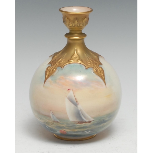 572 - A Royal Worcester ovoid vase, painted by R Rushton, signed, with yachts at sea, the neck and shoulde... 