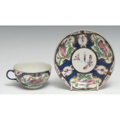 623 - A Worcester teacup and saucer, decorated with vase and fan shaped cartouches containing fanciful bir... 