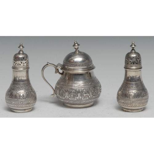 252 - A Victorian silver three piece Signs of the Zodiac cruet, comprising mustard, salt and pepper, the m... 