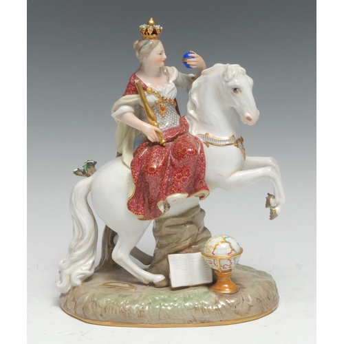 758 - A Meissen figure, after  a model by Johann Joachim Kändler, m Allegorical of  Europe, 21.5cm high, c... 